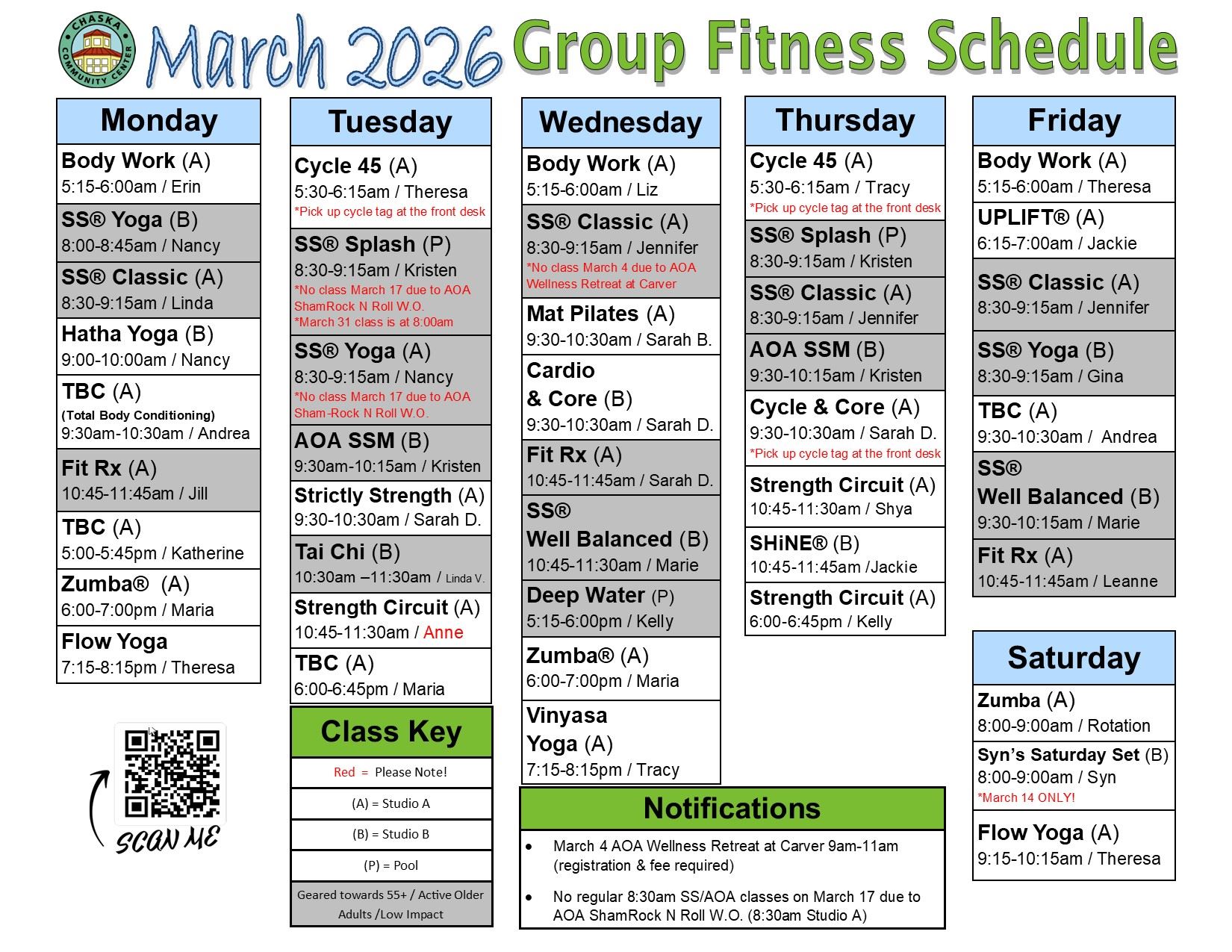 March 2026 Group Fitness Schedule
