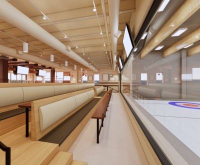 Concept drawing of tiered seating area looking at curling arena